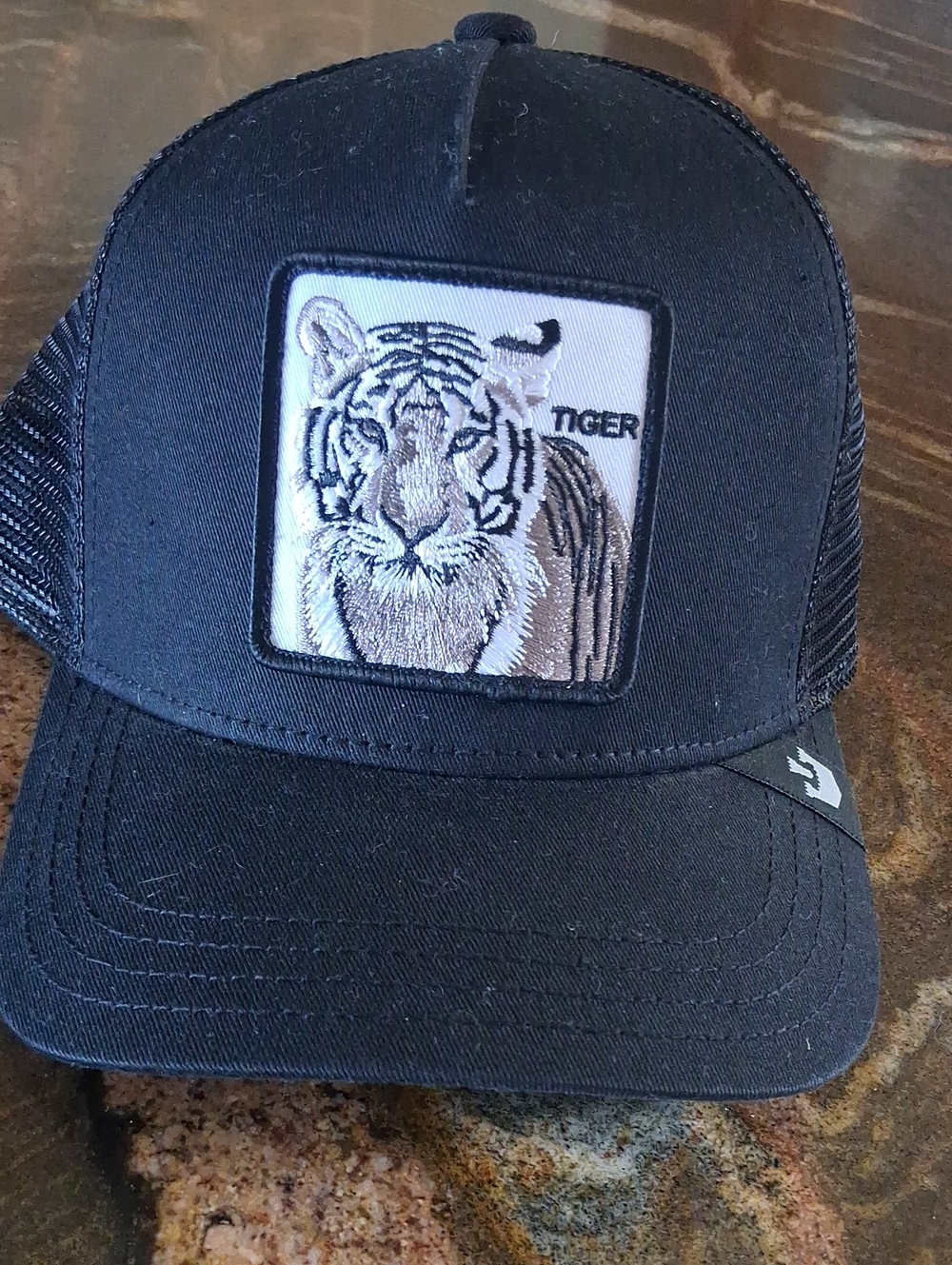 Black Trucker Cap with Embroidered Tiger Patch